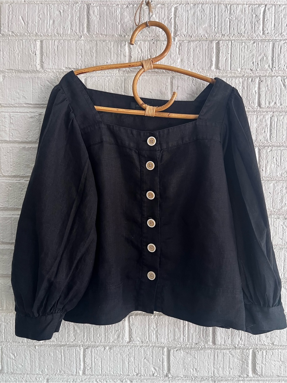 Black 100% Linen Square-Neck Button Front Blouse